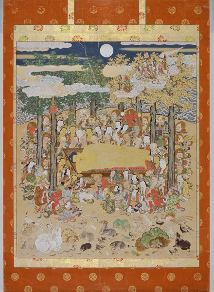 宝暦~明和年間(1751~1772年)(推定)墨田区有形文化財<br>縦310cm 横188cm 釈尊が沙羅双樹の木の下で入滅される様子を記した「涅槃経」に基づいて描かれた絵図。当山の涅槃図は、箱書から江戸中期に牛籠正覺山寶泉寺(現中野区上高井戸)から寄贈されたものと窺がわれる。